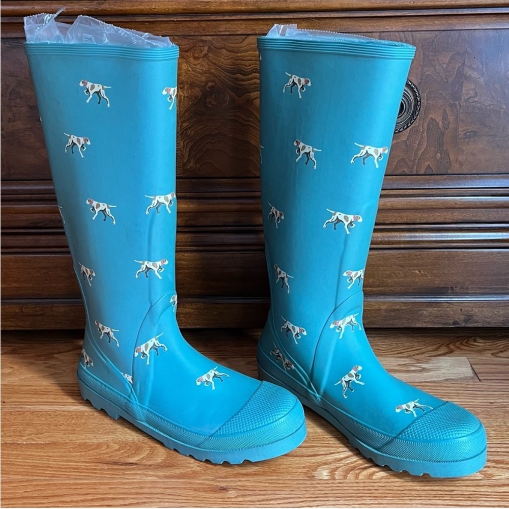 J Crew Hunting Pointer Dog Theme Rain Boots Size 10 Pull On Rubber Welleys - Picture 4 of 13